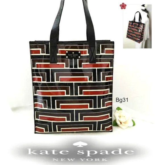 KATE SPADE Tote Travel Shopping Bag Tall Patent Leather Brown Red Black … - Picture 1 of 12